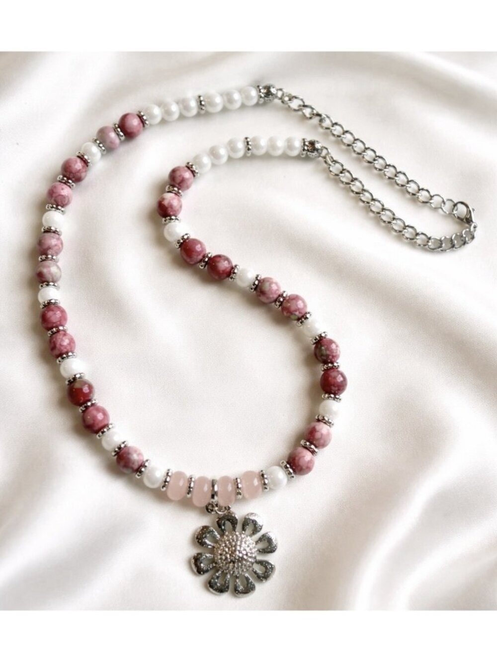 Reimagined Pink and White Beaded Necklace Floral Pendant